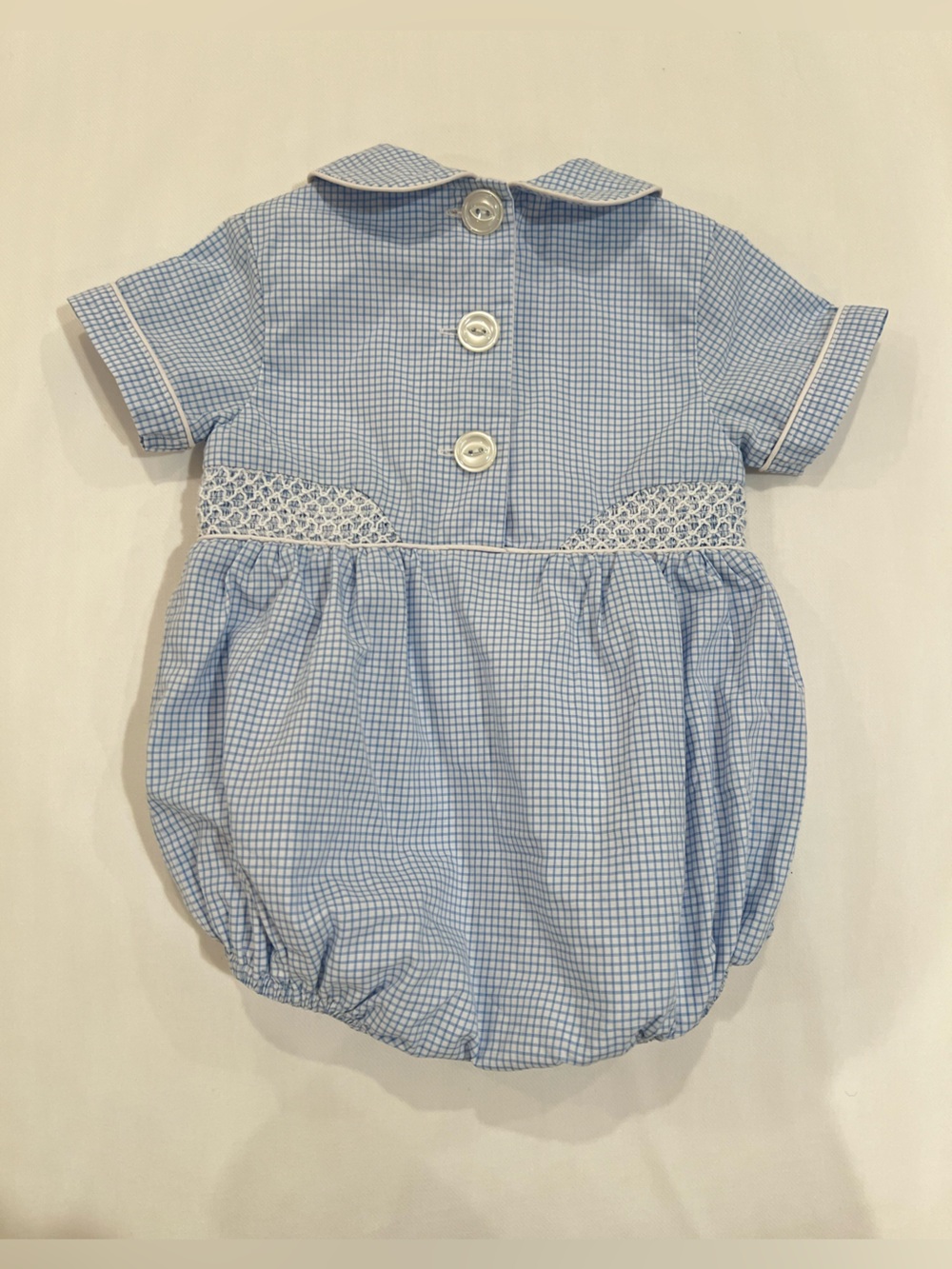 The Beaufort Bonnet Co Blue Gingham Peter Pan Collar Bubble with Smocking - Picture 5 of 7